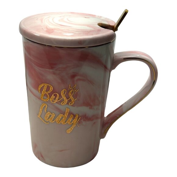 Boss Lady Pink Ceramic Coffee Mug W/Lid & Spoon New in Gift Box - Picture 5 of 11